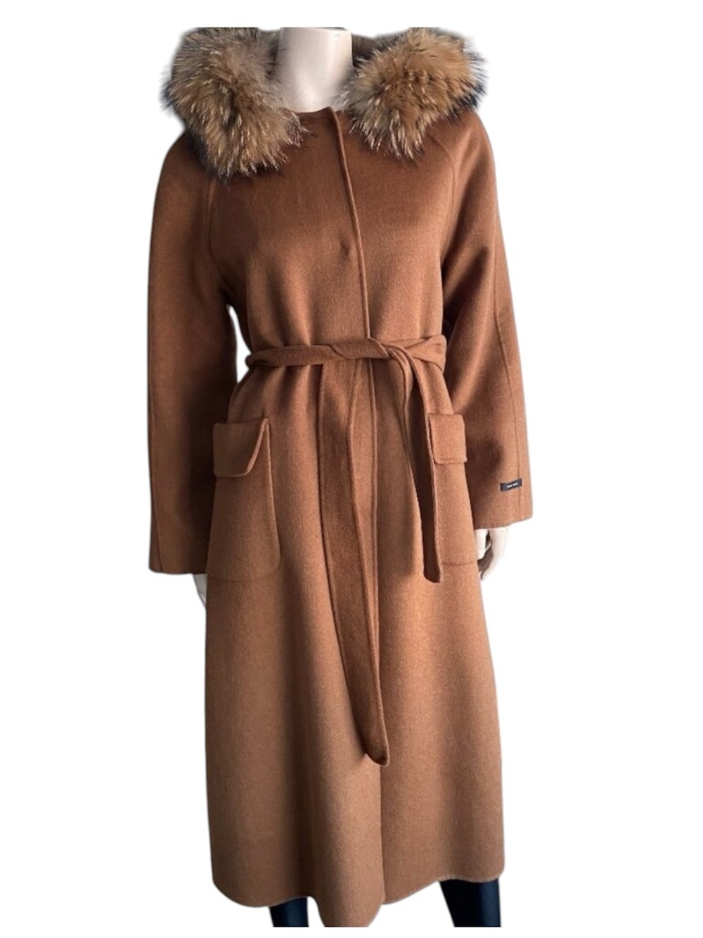 JUNGE Wool Blend Hooded Removable Fur Trench Coat Cinnamon Fits10